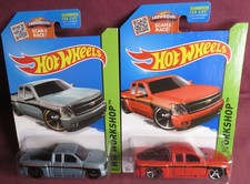 2014 HOT WHEELS, HW WORKSHOP, CHEVY SILVERADO, ORANGE ONE & BLUE ONE, 2 TRUCKS