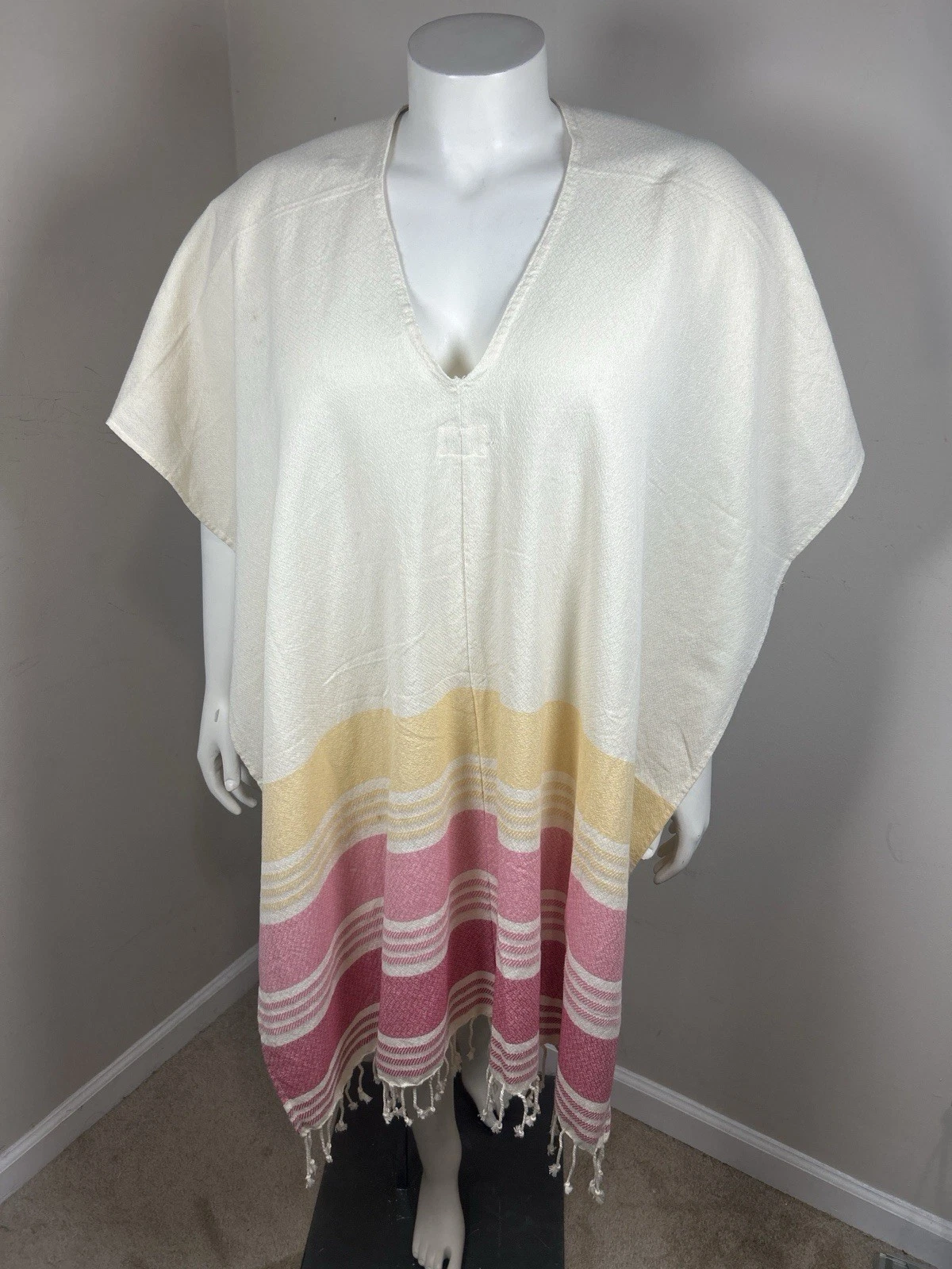Tribe Alive Poncho Womens One Size Striped Beach Caftan Fringe Ethical Artisan