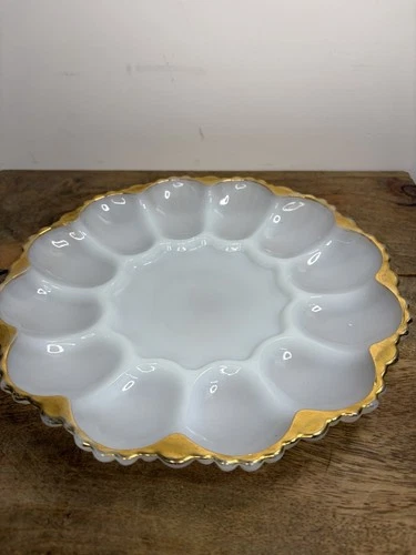 Vintage Anchor Hocking Milk Glass Deviled Egg Plate With Gold Trim Ornate Bottom