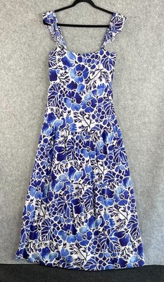 Kenny Flowers Napa Resort Dress Womens Large Blue Floral Ruffle Smocked Tropical