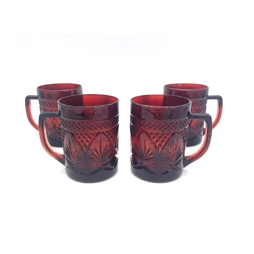 Arcoroc Luminarc Ruby Red Set of 4 Tea Cups / Coffee Mug France Tempered Glass 