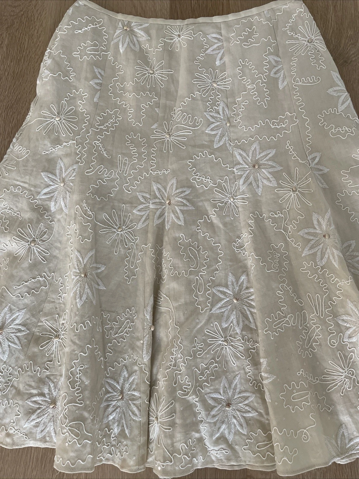 lafayette 148 Beaded/ Embroidered Skirt, Size 6/ Small, Linen, Beige