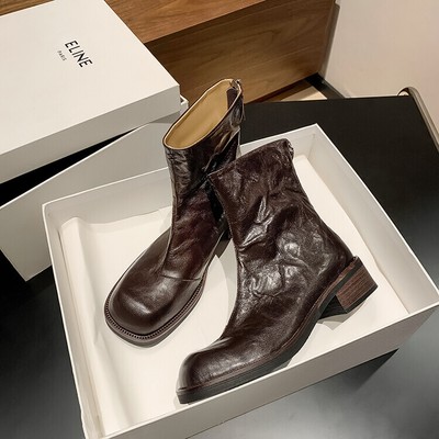 Womens 2023 Fashion Leather Round Toe Back Zipper Mid Heel Ankle Boots Shoes 