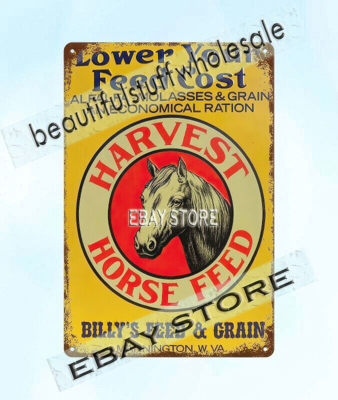 HARVEST HORSE FEED farm ALFALFA MOLASSES GRAIN QUARTER tin sign building plaque