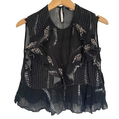 IRO Myosotis Black Beaded Embellished Sheer Ruffle Top Womens 38