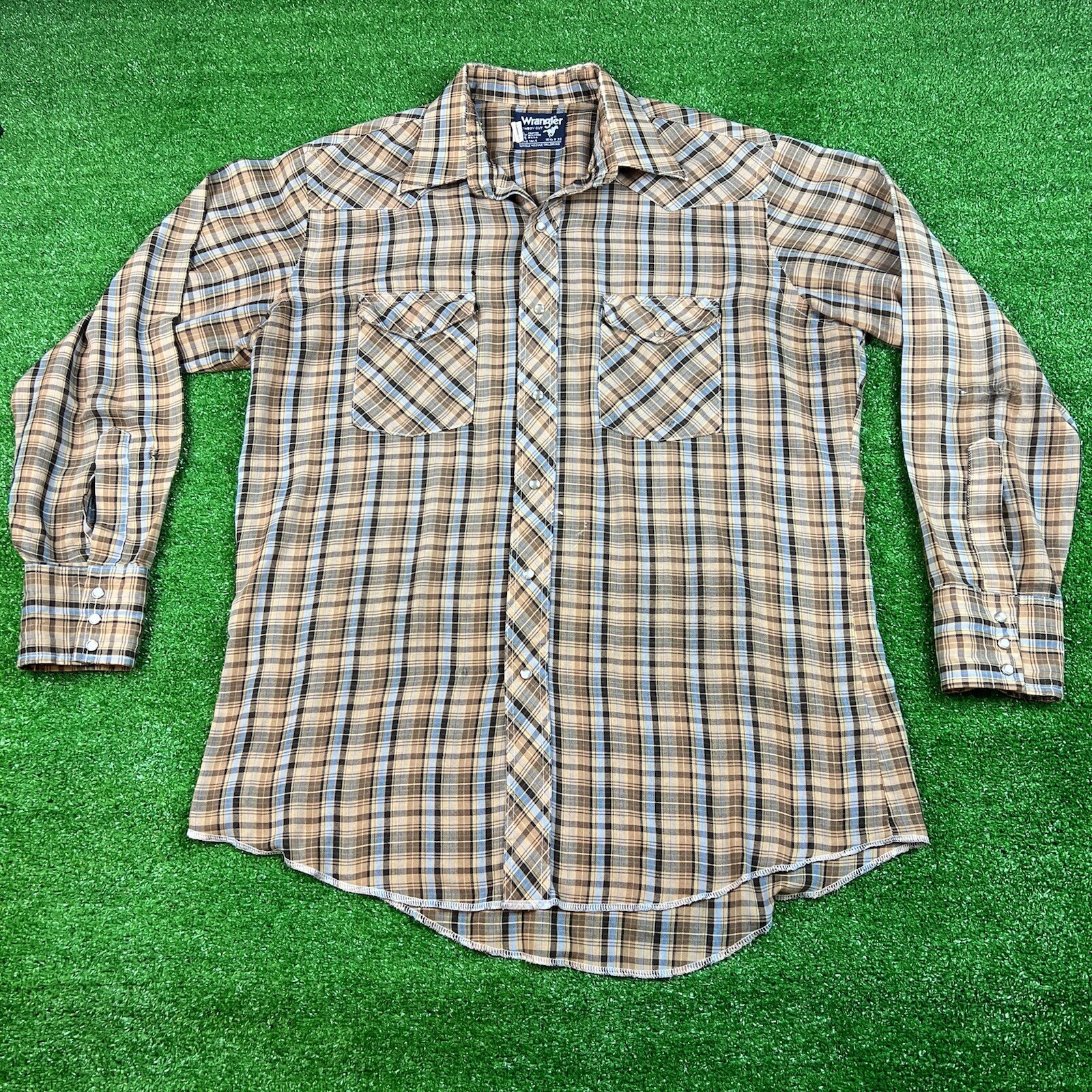 Vintage Wrangler Denim Western Shirt Pearl Snaps Union Made USA Mens 16