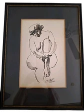 16x13 framed. Nude Female Study, Ink. Dated 1962, Signed Stawusawski 