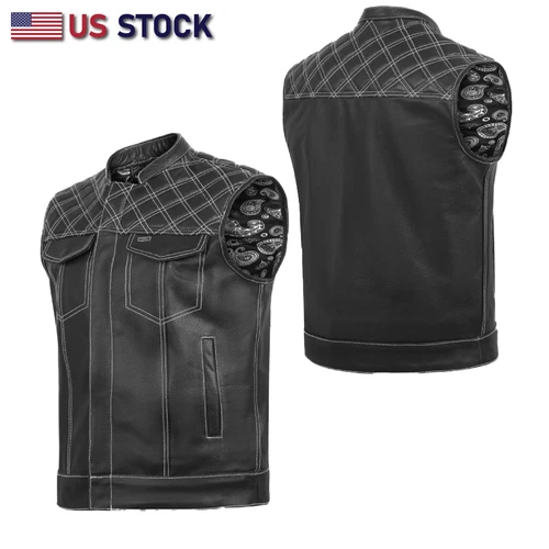 HL11693SPTWHT WHITE Black Men Cross Stitch Club Leather Vest