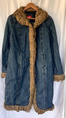 Vintage Y2K Penny Lane Faux Fur Trim Denim Long Coat Large Grunge Mob Wife