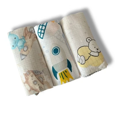 EGA KIDS ✅ 3er Pack große bedruckte Musselin Quadrate Baby Stoff Rakete Weltraum Lätzchen Tücher Geschenk