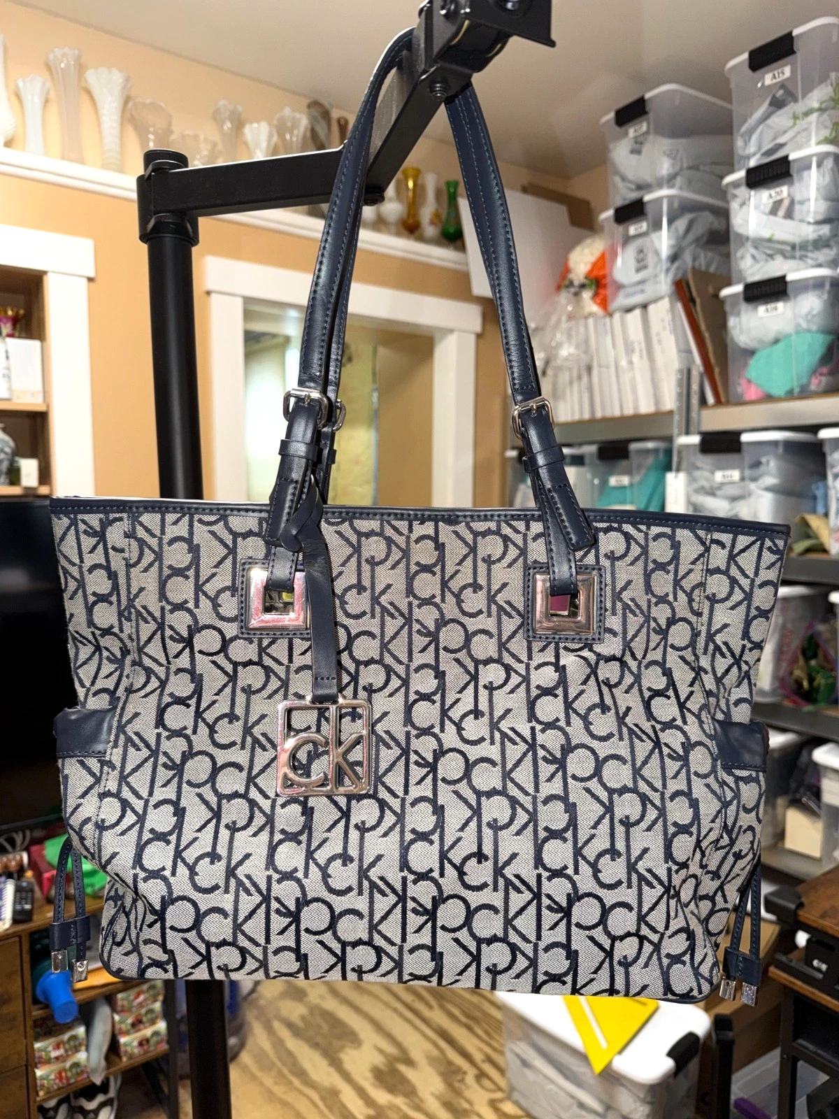 Calvin Klein Women's Blue/Gray Logo Print Large Shopper Tote Handbag, VG Cond.