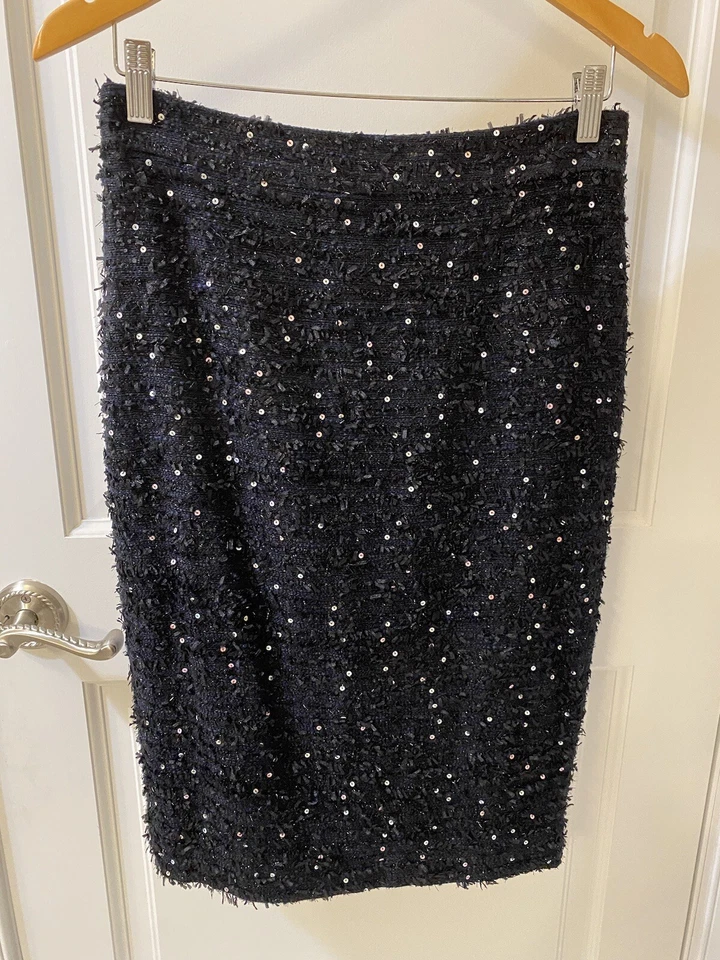 Falda Boucle Colección J.Crew Tweed Lentejuelas Tela Italiana Negra Talla 4 Nueva Sin Etiquetas