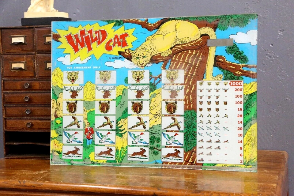 Letrero de inserción de vidrio de juego de pinball Wild Cat de colección moneda de la selva parte operativa antigua Foto 2 de 4