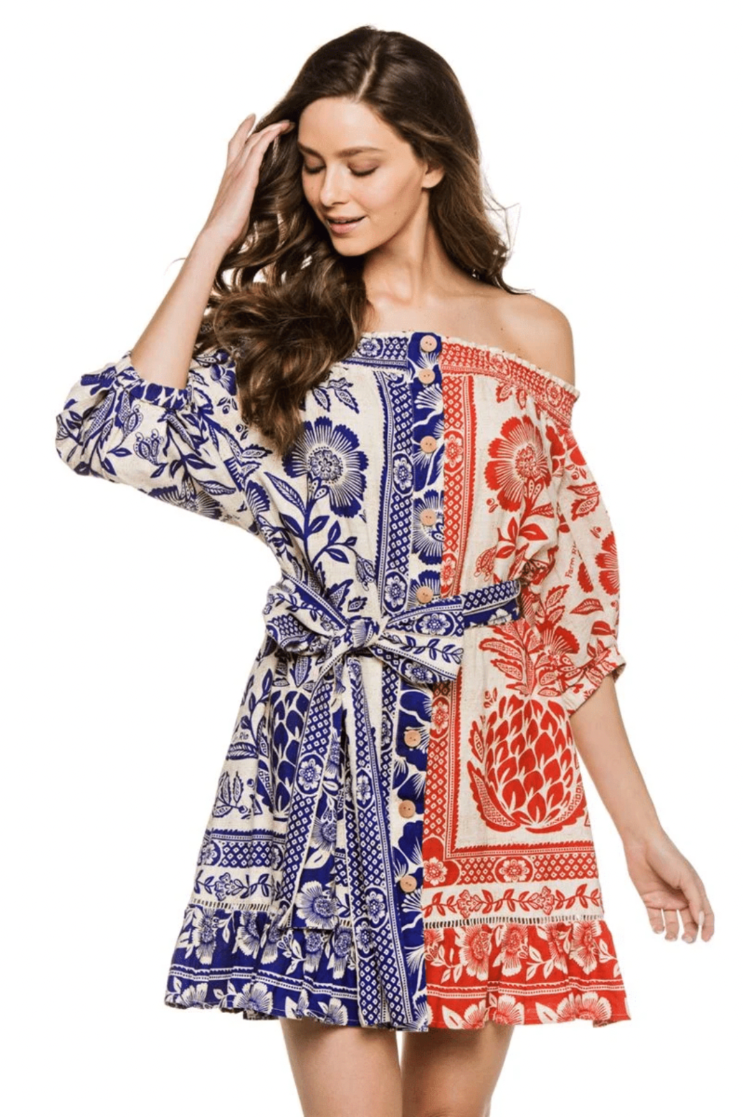 Farm Rio Pineapple Garden Mini Dress M Mixed Red Blue Floral Off Shoulder  Belted | eBay