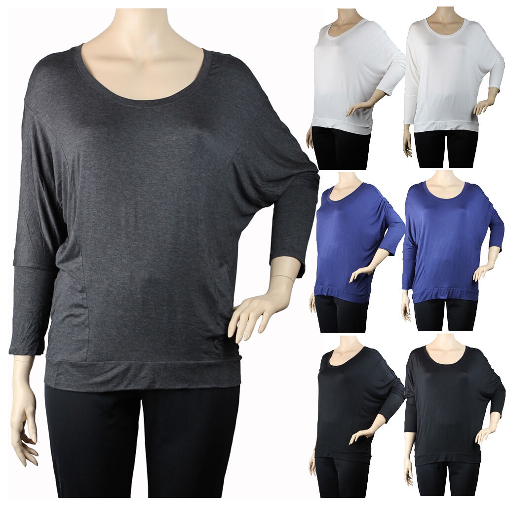 Women Plus Dolman Top Scoopneck T Shirt Long Sleeve Batwing Loose Fit 1X 2X  3X