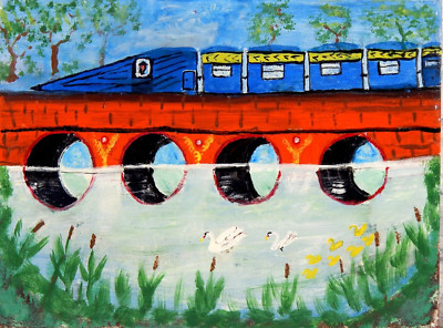 Original Gemälde auf Leinwand Naive Volkskunst Zug Lok Eisenbahn Brücke Szene