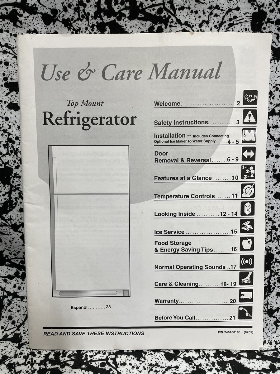 RT-198245ページ Electrolux Top Mount Refrigerator Owners Manual Model FRT1885AW5