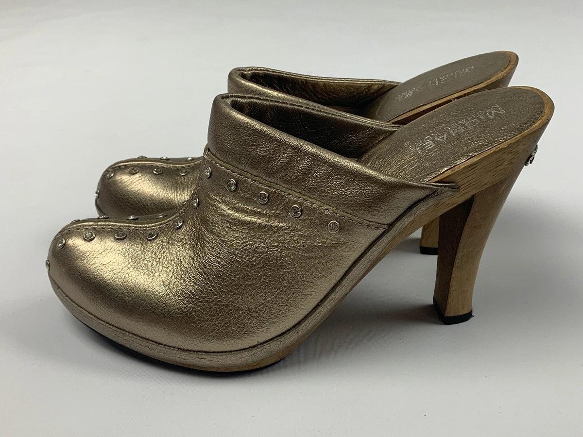 Michael Kors Gold Leather Rhinestone Mules Clogs Heels Wooden