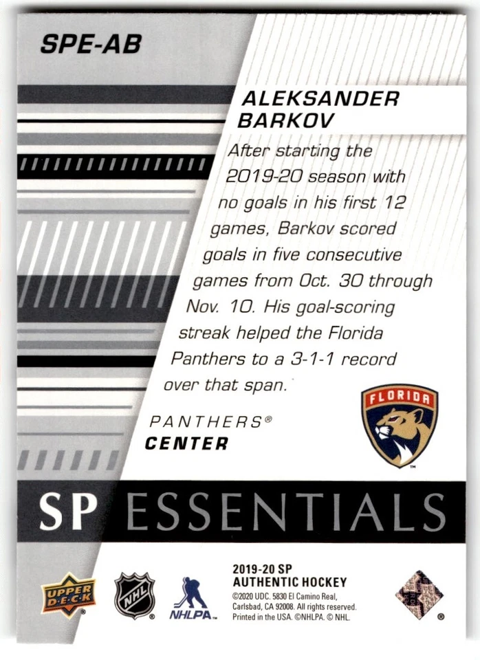 2019-20 SP Authentic Essentials Aleksander Barkov #SPE-AB Florida Panthers - Image 2 of 2