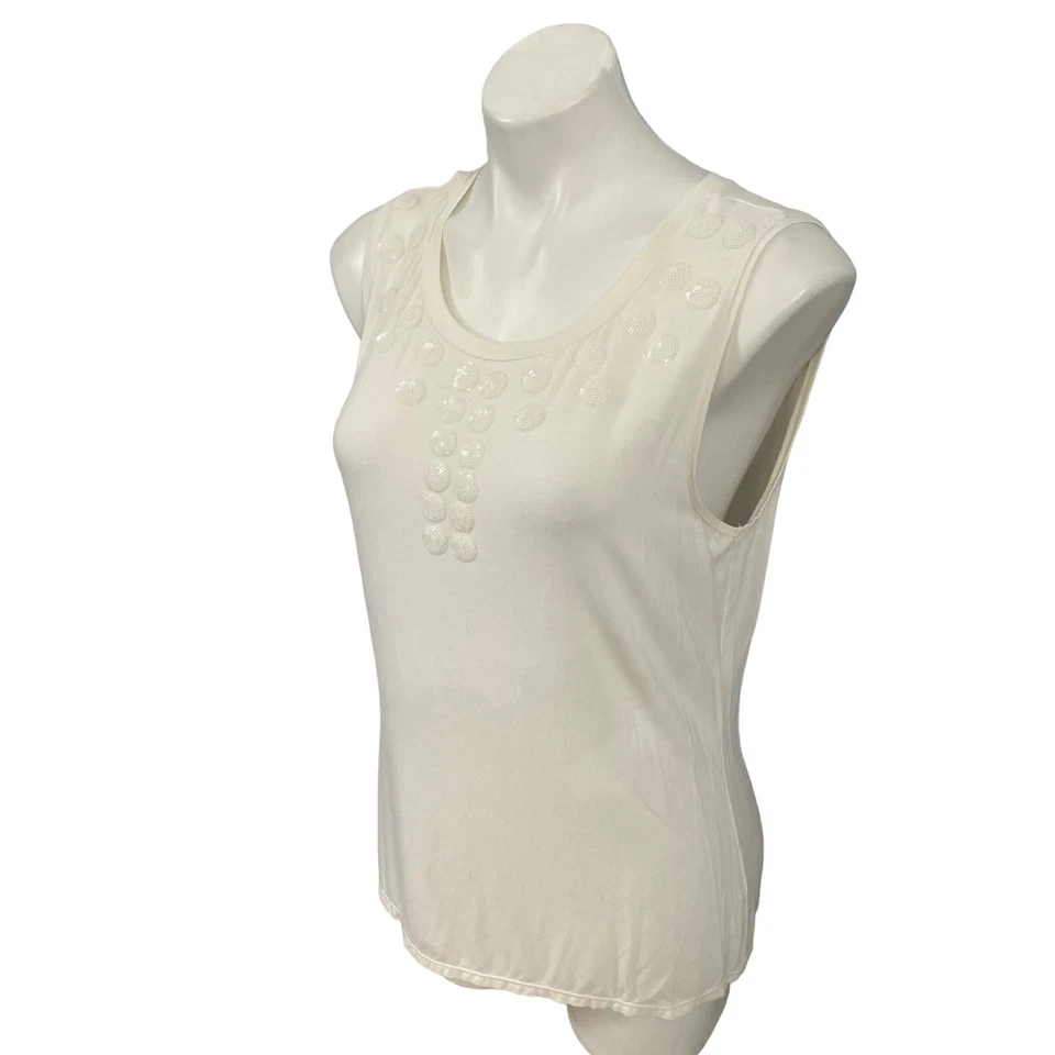 Camisa Alfani Top Mujer Pequeña Grande Blanca Tejida Lentejuelas Sin Mangas Trabajo Oficina Foto 4 de 4