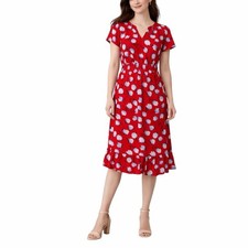 Talbots Floral A-line Dress Flounce Hem Split Neck Women’s Size 4P Red White