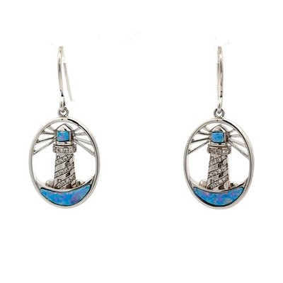 Sterling Silver Lighthouse Earrings W/Lab Created Opal And CZ (5/8 x 1 3/8 Inch)