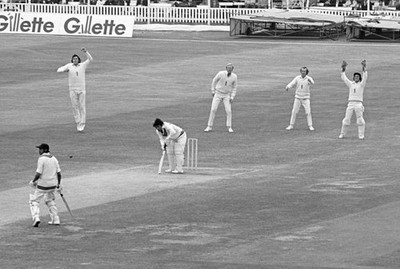Sunil Gavaskar of India is out LBW for 5 runs to Geoff Arnold of E- Old Photo