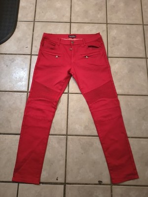 Embellish Biker Jeans Mens Red 36 Skinny Stretch Pants Zipper Pocket Distresse