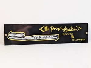 The Prophylactic Toothbrush Yellow Box 13" Ande Rooney Porcelain Enameled Sign