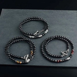 Collier en acier inoxydable pour hommes en cristal Agate noir