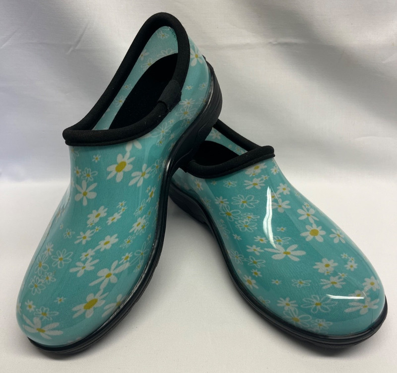GROUND WORK WATERPROOF GARDEN CLOGS, SIZE 9M LADIES, TURQUOISE WITH DAISIES
