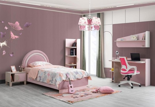 Kinderzimmer Set Modern Kinderbett Nachttisch Buecherregal Schreibtisch Rosa-image