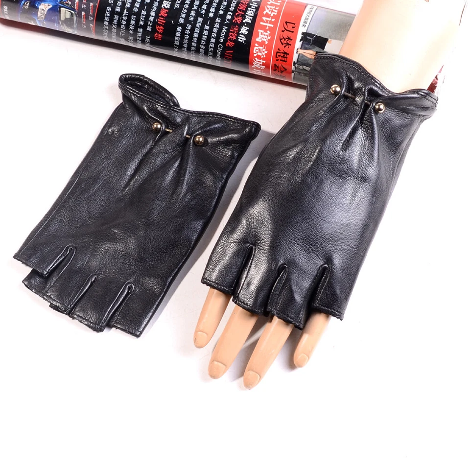 Guantes para mujer y mujer piel de cordero real moda clásicos sin dedos remache mitones Foto 3 de 4