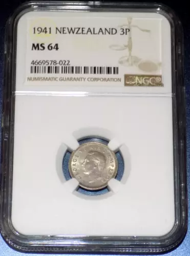 1941 New Zealand 3 Pence 3P NGC MS 64 KM-7 GRADED CERTIFIED UNC NZ COIN