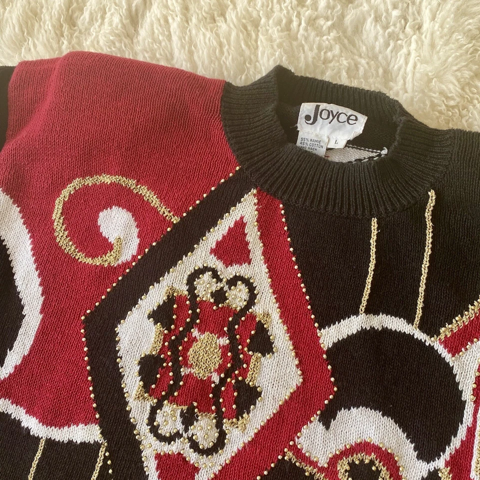 Женский винтажный свитер Joyce 1980-е 80-е красный черный с бисером большой 1990-е 90-е - Изображение 3 из 4