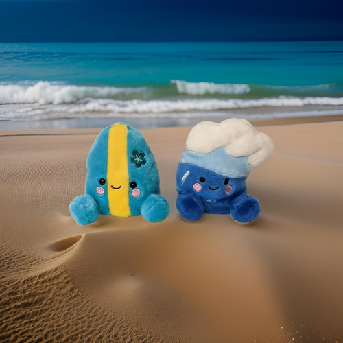 Set of 2 FYNN SURFBOARD & SHOREY WAVE Palm Pals 5" Stuffed Beach Plush, Aurora - Picture 5 of 11