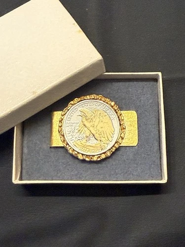 Vintage Walking Liberty Half Dollar Coin Money Clip Gold Tone w/ Box