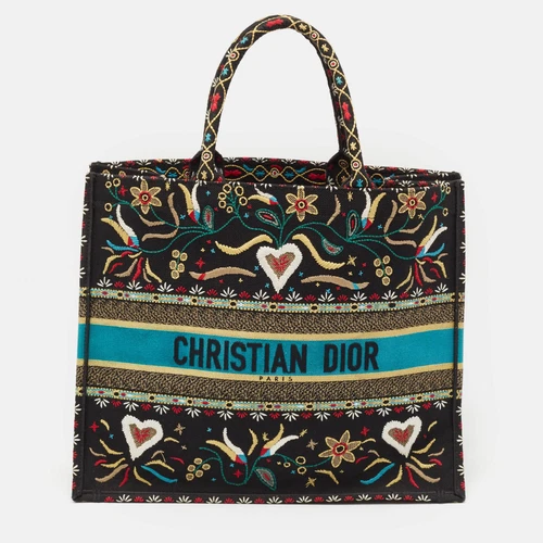 Sac fourre tout Dior en toile brodée multicolore grandes fleurs coeur livre