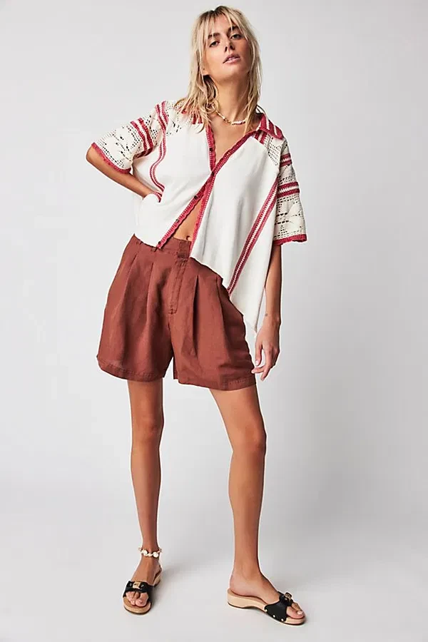 FREE PEOPLE Care FP - Calla Linen Pleated Trouser Shorts Size UK 4