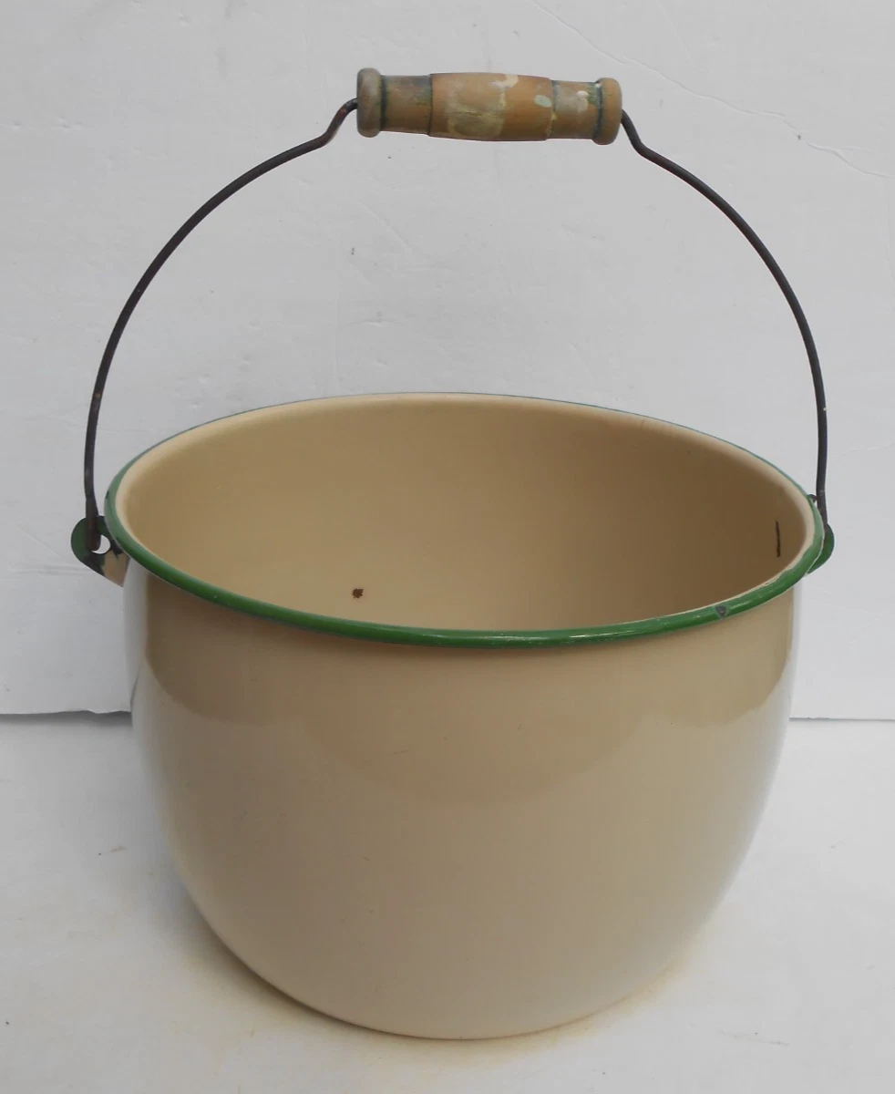 Vintage Cream & Green Enamelware Stockpot Pot Farmhouse 3 gallon 11 1/2" x 8"