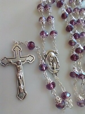 Catholic AB Purple Color Capped Linked Glass Rosary Silver Tone Crucifix