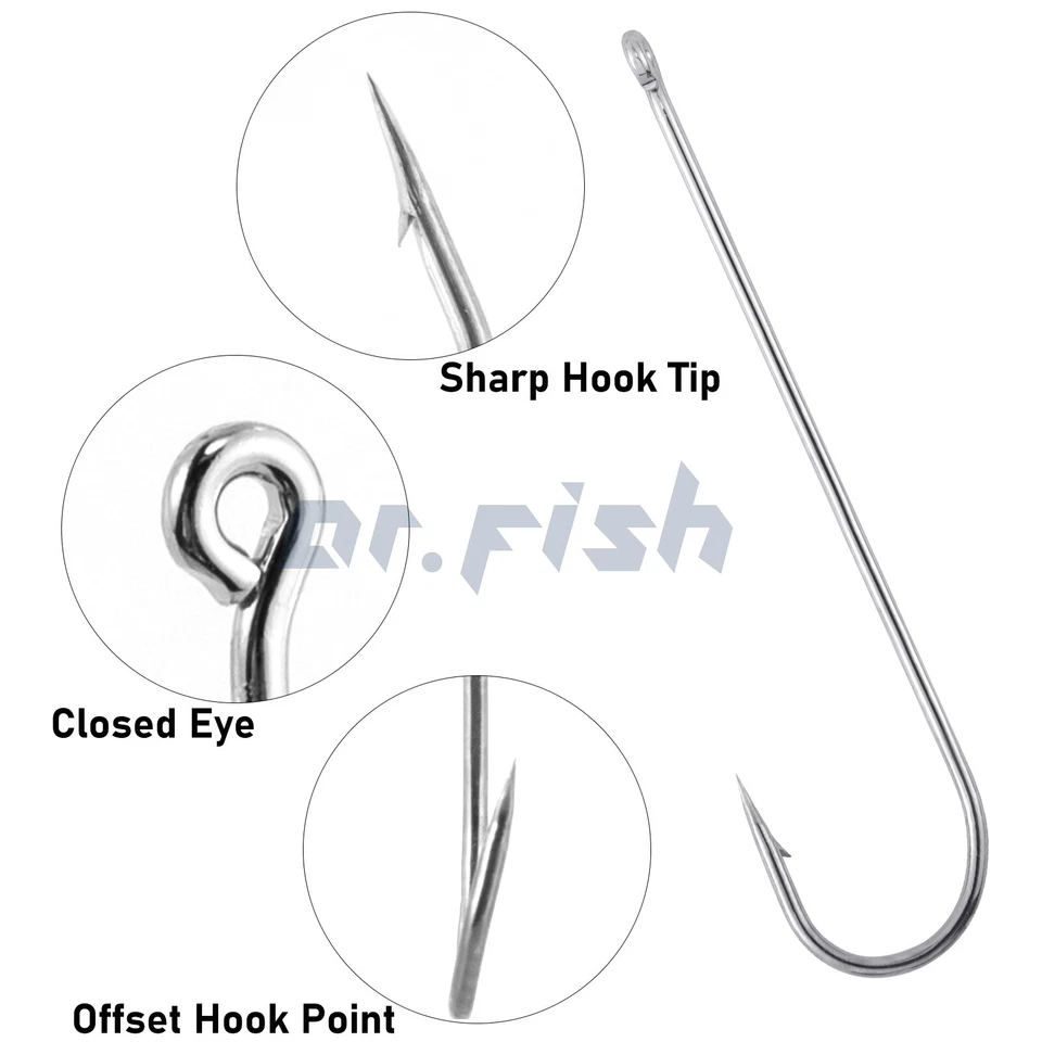 Dr.Fish 100pcs Aberdeen Fishing Hooks Long Shank Offset Circle Bass Pike Tackle - Image 2 of 4
