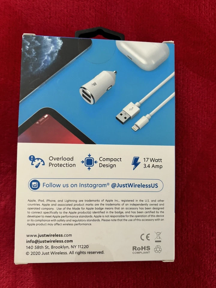 NUEVO EN CAJA Cargador de Coche Doble Inalámbrico Puertos USB-A con Cable Rápido de 6 pies Blanco Foto 2 de 3