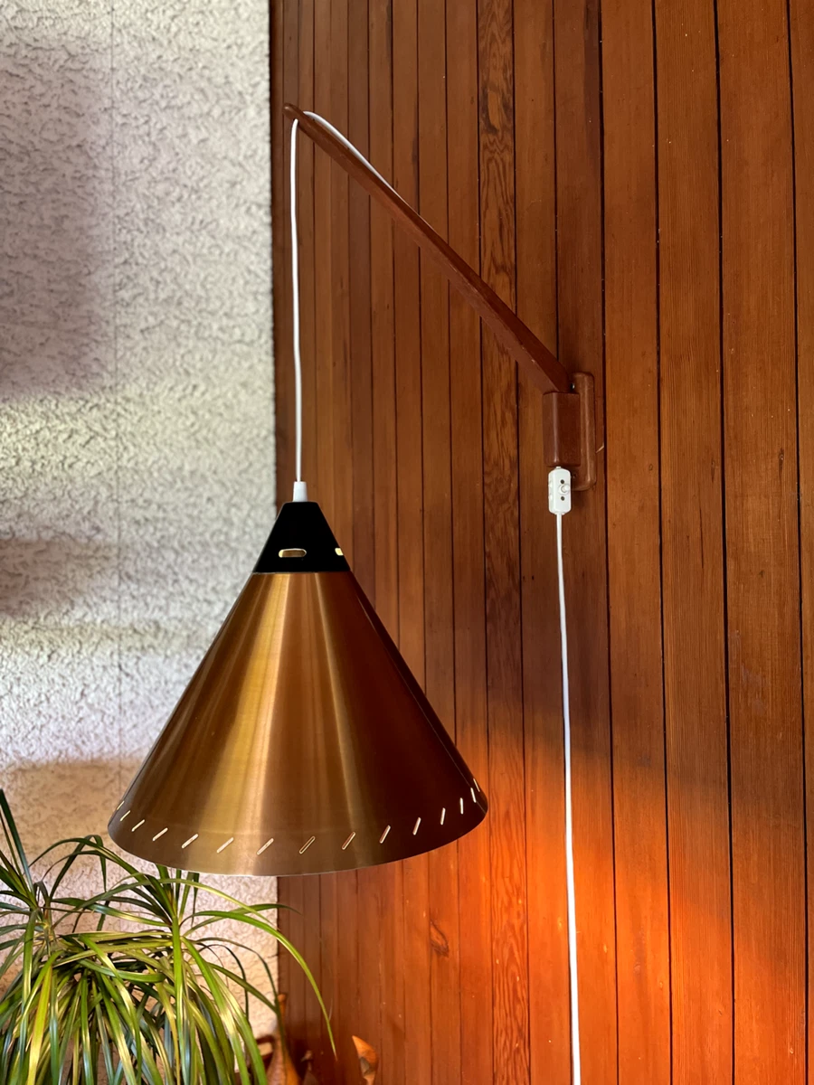 Vintage 1960s Danish Swedish Adjustable Wall Light In Teak With Copper Shade