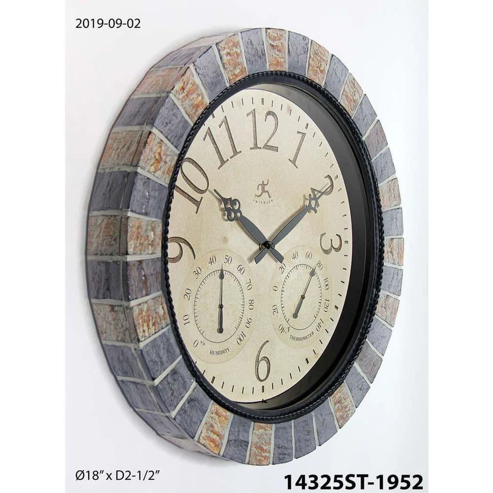 Round Wall Clock Faux Stone-Look Plastic Frame Glass Lens Hygrometer Thermometer - Image 2 of 4