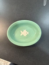 Vintage Green Cat Bowl Oval Shaped With Fish Inside And Around Outside 