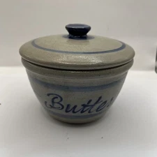 Vtg Handmade Rowe Pottery Works Butter Crock Covered Lid Gray Blue Signed 2004