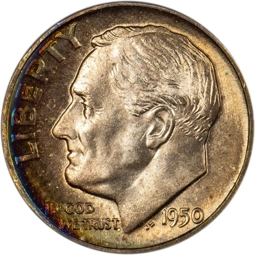 1950 Roosevelt Dime - Rainbow Toned - GEM BU!