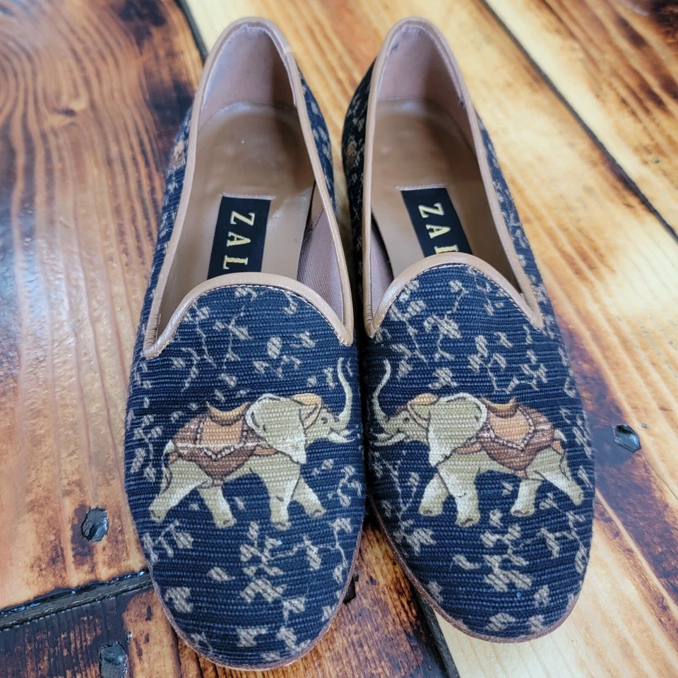 Zalo Black & Tan Round Toe Elephant Smoking Slipper Loafer Leather Trim Size 5M - Image 2 of 4