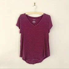 Arizona Maroon White Striped Drapey V-neck Short Sleeve T-shirt Women's Size XS